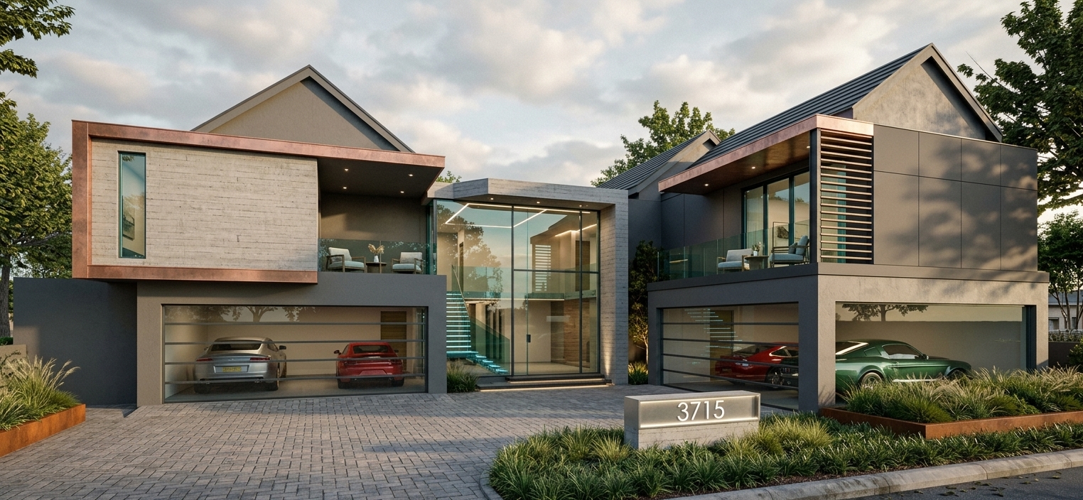 House Mashamba, contemporary street-facing façade with glazed entrance and garages
